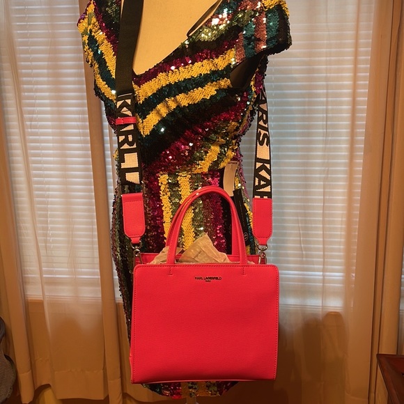 KARL LAGERFELD Pink MAYBELLE Faux Leather Guitar Logo Strap Crossbody Satchel - Picture 4 of 5